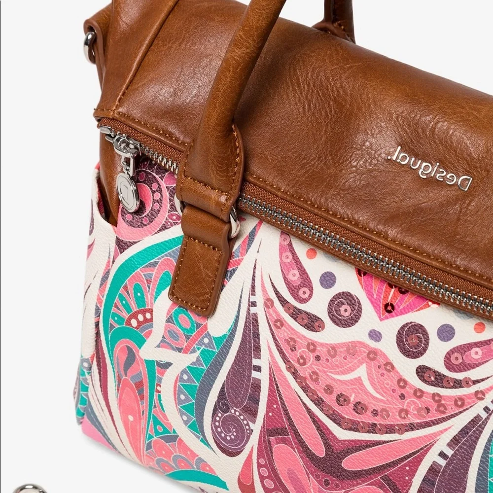 Desigual Bols_Multiverse Loverty Handbag Colorful Paisley Faux‎ Leather Trim NWT